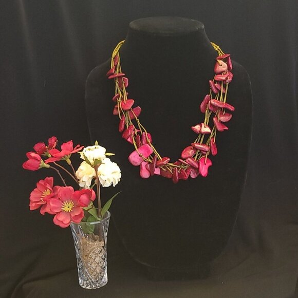 VTG Necklace Chunky Red Coral Natural Fringe Twine Cord Boho Statement Artisian - Picture 2 of 7